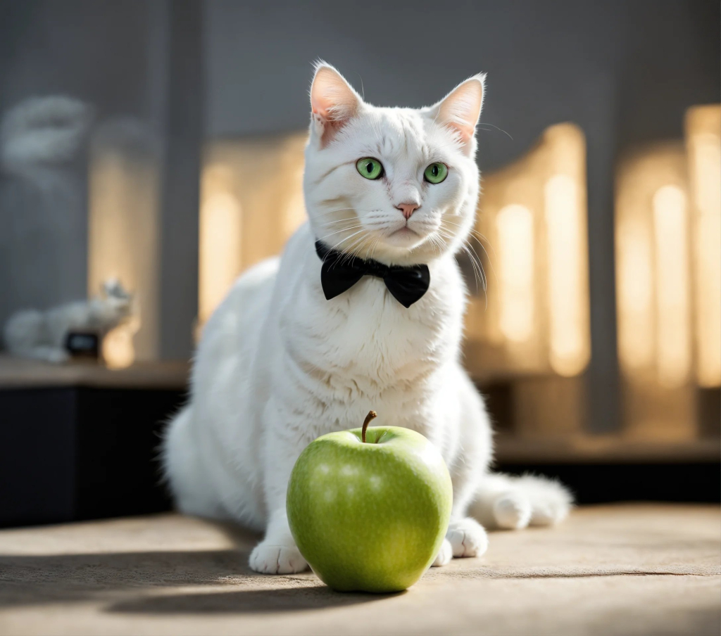 A white cat holds a white apple in its paw and a p.jpg